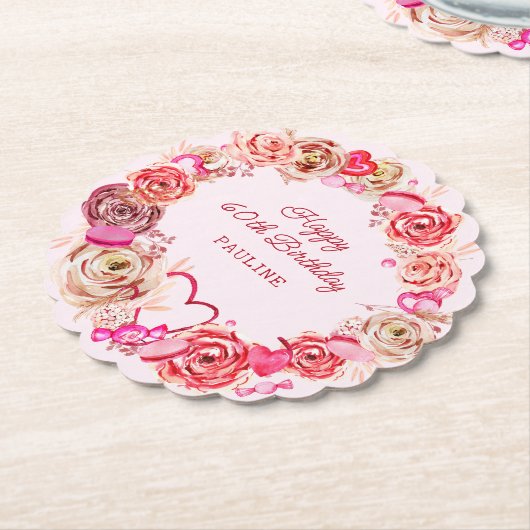 60e verjaardag roze rozen swirly hart kartonnen onderzetters (Gekanteld)