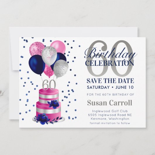 60e verjaardag roze taart opslaan de datum uitnodi kaart (Voorkant)