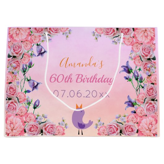 60e verjaardag roze violette bloemen schattig groot cadeauzakje (Voorkant)