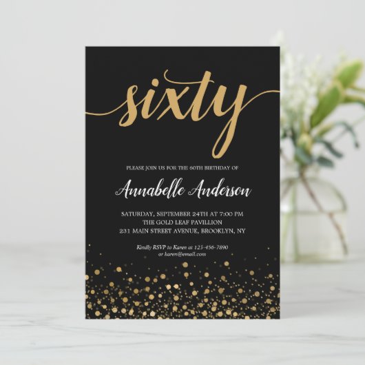 60e verjaardag Stijlvol Zwart Goud Confetti Script Kaart (Staand voorkant)