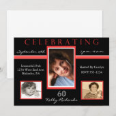 60e verjaardag Tri Photo Invitations Black & Red Kaart (Voorkant / Achterkant)