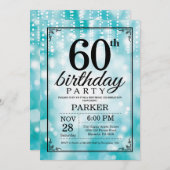 60e Verjaardag Uitnodiging Blauwgroen Glitter (Voorkant / Achterkant)