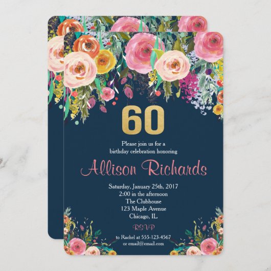 60e verjaardag uitnodiging Bloemen waterverf Navy (Voorkant / Achterkant)