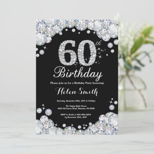 60e verjaardag Uitnodiging Chalkboard Silver Diamo (Staand voorkant)