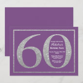 60e verjaardag uitnodiging Paarse en zilveren glit (Voorkant / Achterkant)