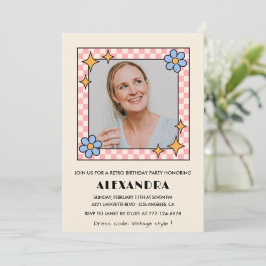 60e verjaardag uitnodiging Retro Groovy Blue Flora (Staand voorkant)