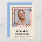 60e verjaardag uitnodiging Retro Groovy Blue Flora (Voorkant / Achterkant)