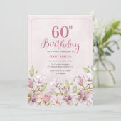 60e verjaardag uitnodiging roze bloemetje (Staand voorkant)