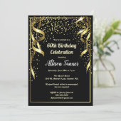 60e verjaardag uitnodiging zwart en goud Confetti (Staand voorkant)