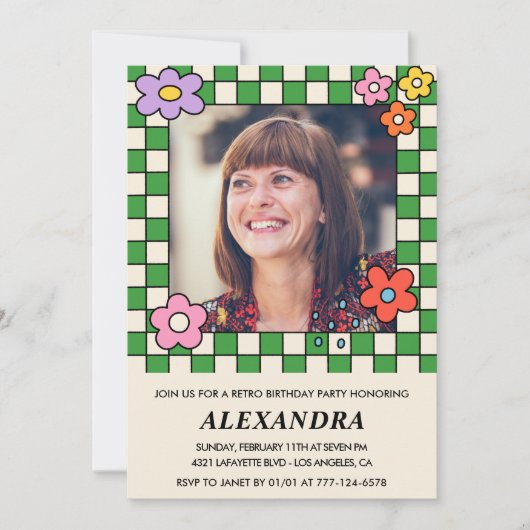 60e verjaardag uitnodigingen Retro Groovy Bloemen (Voorkant)