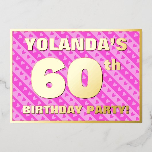 60e verjaardag — vuurroze harten en strips folie uitnodiging (Voorkant)