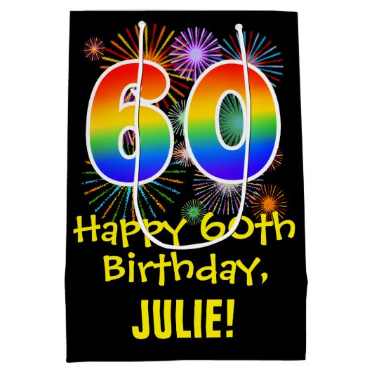 60e verjaardag: Vuurwerk Fun Pattern + Regenboog 6 Medium Cadeauzakje (Achterkant)