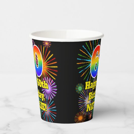 60e verjaardag: Vuurwerk Fun Pattern + Regenboog 6 Papieren Bekers (Links)