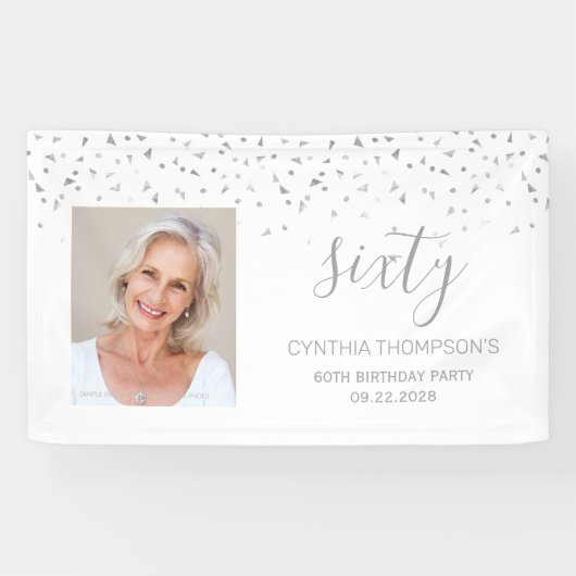 60e verjaardag White Silver Confetti Foto Spandoek (Horizontaal)