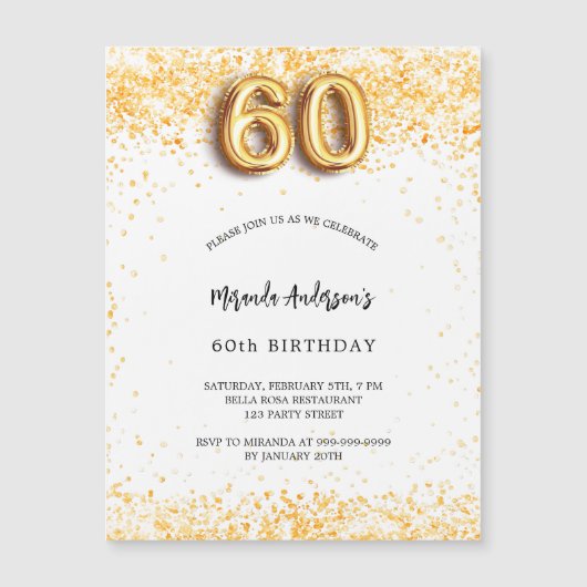 60e verjaardag wit goud confetti luxe magnetische uitnodiging (Voorkant)