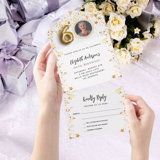 60e verjaardag witte gouden sterren foto feest RSV All In One Uitnodiging