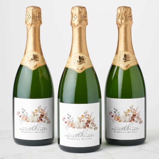 60e Verjaardag Witte Pompoen Herfst Bloemen Aangep Sparkling Wijnetiket (Flessen)