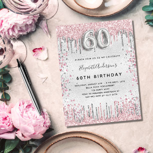 60e verjaardag zilver roze metaal glitterspoeder uitnodiging briefkaart