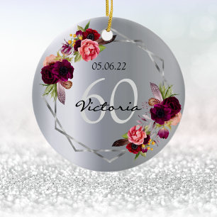 60e verjaardag zilveren floralen geometrische burg keramisch ornament