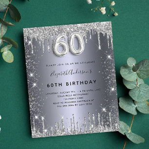 60e verjaardag zilveren glitter budgetuitnodiging flyer