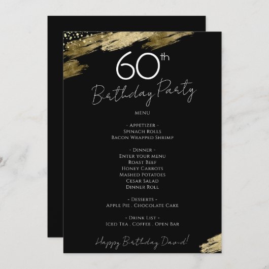60e verjaardag Zwart en Goud Menu Uitnodiging (Voorkant / Achterkant)