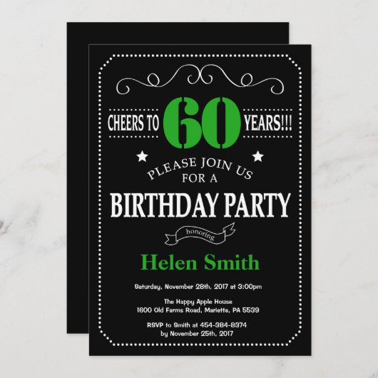 60e verjaardag zwart en groen schoolbord kaart (Voorkant / Achterkant)