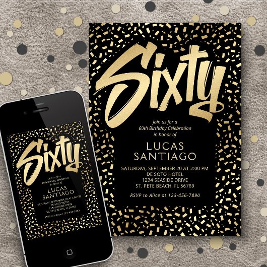 60e verjaardag Zwart Goud Confetti Kaart