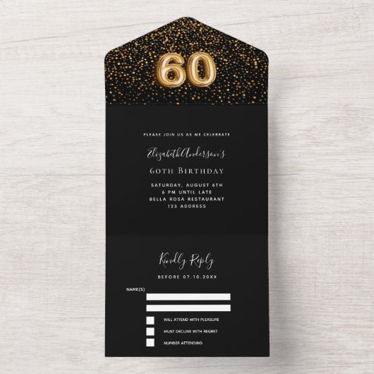 60e verjaardag zwart goud confetti RSVP All In One Uitnodiging (Binnen)