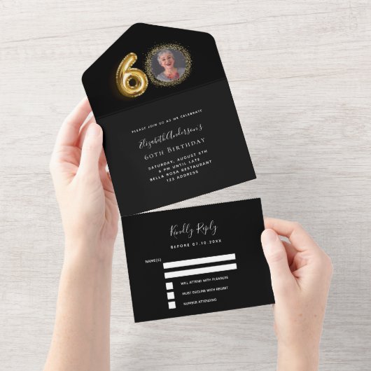 60e verjaardag zwart goud foto RSVP All In One Uitnodiging (Afscheurbaar)