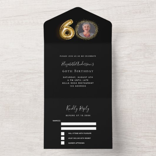 60e verjaardag zwart goud foto RSVP All In One Uitnodiging (Binnen)