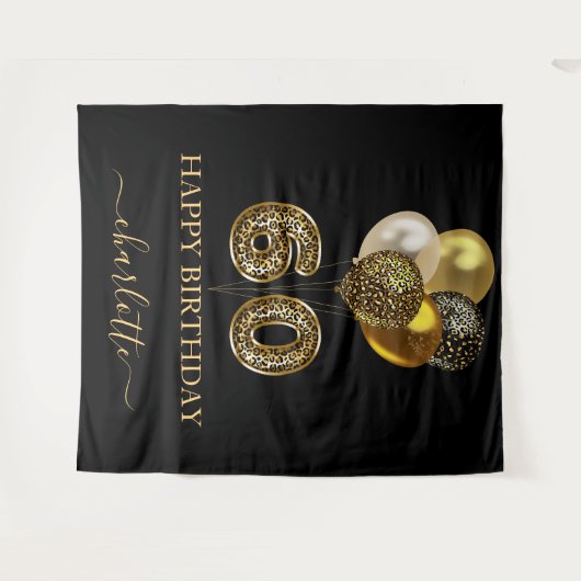 60e verjaardag zwart goud luipaard naam script wandkleed (Voorkant (horizontaal))