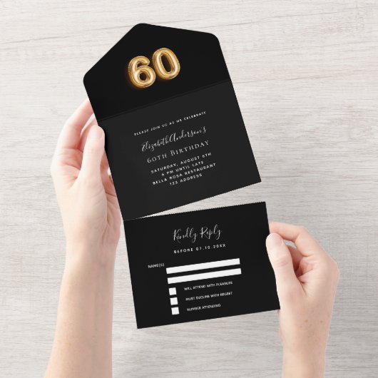 60e verjaardag zwart goud RSVP All In One Uitnodiging (Afscheurbaar)
