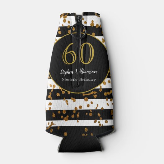 60e verjaardag | Zwart wit en goudglitter Flesjeskoeler (Achterkant)