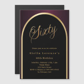 60e verjaardag zwarte Bourgondische gouden boog lu Magnetische Uitnodiging (Voorkant / Achterkant)