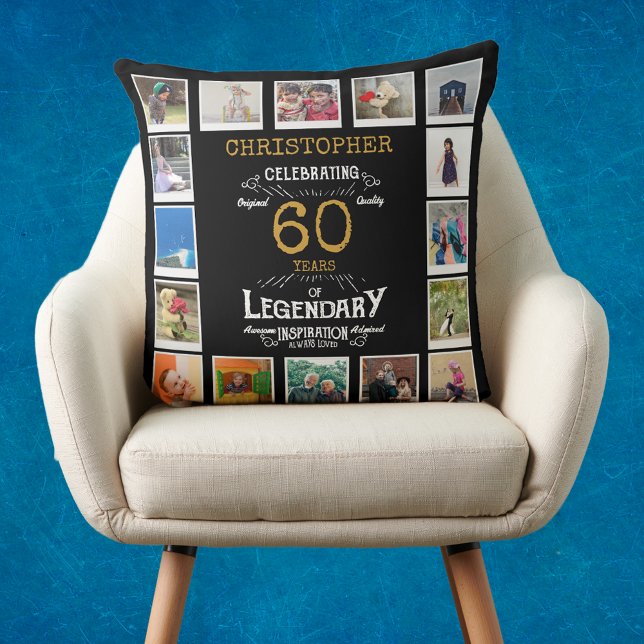 60e verjaardag zwarte goudfoto Collage Kussen (Personalized 60th birthday gift throw pillow with 16 photos of your choice)