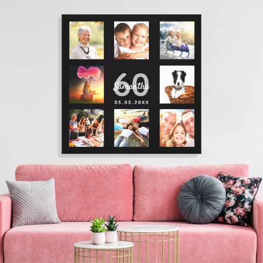 60e verjaardag zwarte naam foto collage canvas afdruk (Insitu (Woonkamer))
