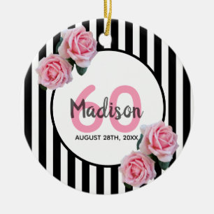 60e verjaardag zwarte strepen roze rozenrozen naam keramisch ornament