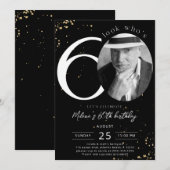 60e verjaardag zwarte uitnodiging met foto (Voorkant / Achterkant)