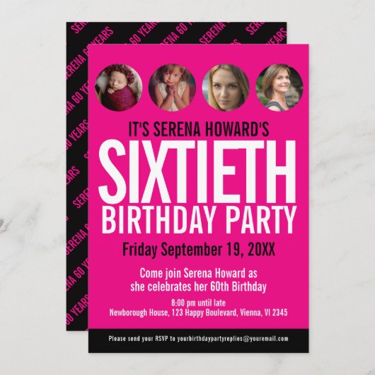 60e verjaardag zwarte witte roze fotocirkels kaart (Voorkant / Achterkant)