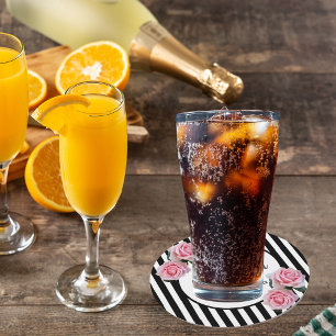 60e verjaardag zwarte witte strepen roze florale ronde kartonnen onderzetter