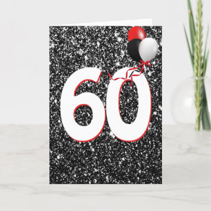 60e Verjaardagsballonnen op Zwarte Glitter Kaart