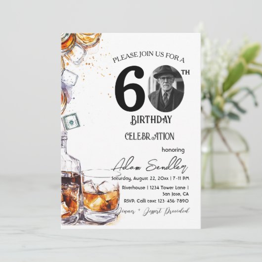 60e verjaardagsfeest en whisky en drinken kaart (Staand voorkant)