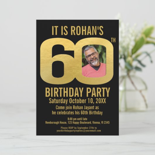 60e Verjaardagsfeest zwart goud nu foto Kaart (Staand voorkant)