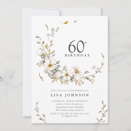 60e verjaardagsfeestje rustieke Waterverf Wildflow Kaart (Voorkant)