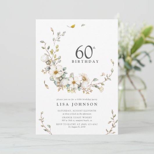 60e verjaardagsfeestje rustieke Waterverf Wildflow Kaart (Staand voorkant)