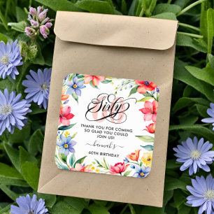 60e verjaardagsfeestje Waterverf Bloemen Vierkante Sticker