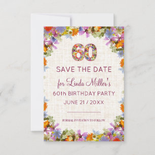 60e verjaartagsviering – linnen bloemendesign save the date