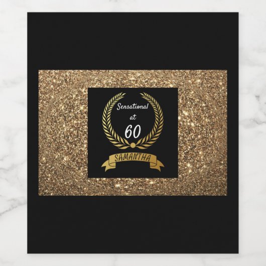 60e zwarte goudglitter Elegant Birthday Party Wijn Etiket (Enkel label)