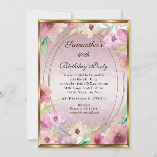 60ème Pink Floral Gold Anniversaire Invitation (Devant)