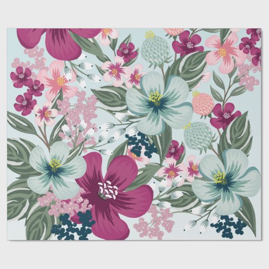 60lb wikkelpapier Roll Tropische bloemen op blauw Cadeaupapier (Vlak)